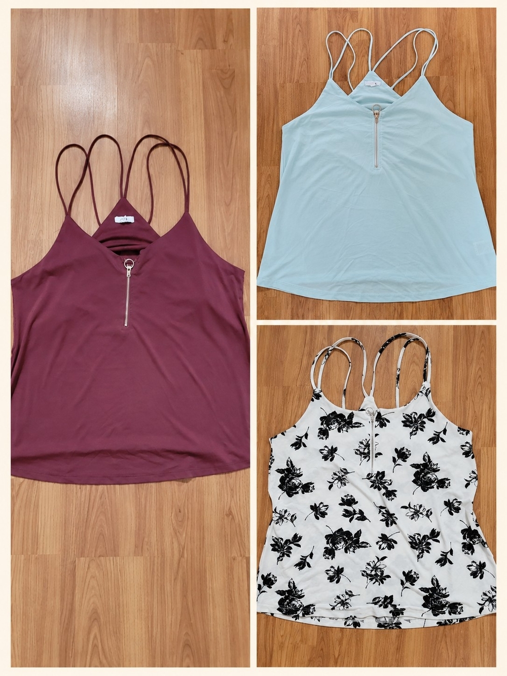 Ardene Triple-Strap Zip-Front Tank Top - Burgundy, Light Blue, Black Floral